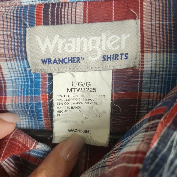 Wrangler Rancher Mens Button Shirt Red Plaid Long Sleeve Pearl Snap Size Large - Picture 5 of 9